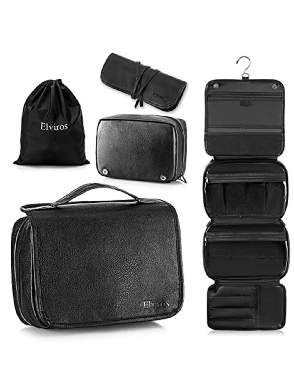 Hanging Toiletry Bag Men Travel PU Leather Makeup Organizer Kit Waterproof Black